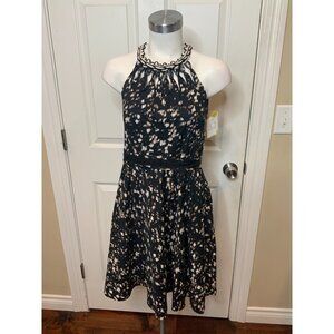 Elie Tahari Black Cream Abstract Leopard Print Woven Neck Fit & Flare Dr, Size 4